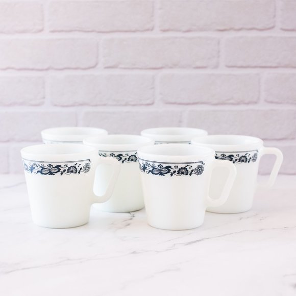 Pyrex 1410 Old Town Blue Onion Pattern White Milk Glass Mug Cups | 6 - Picture 1 of 5
